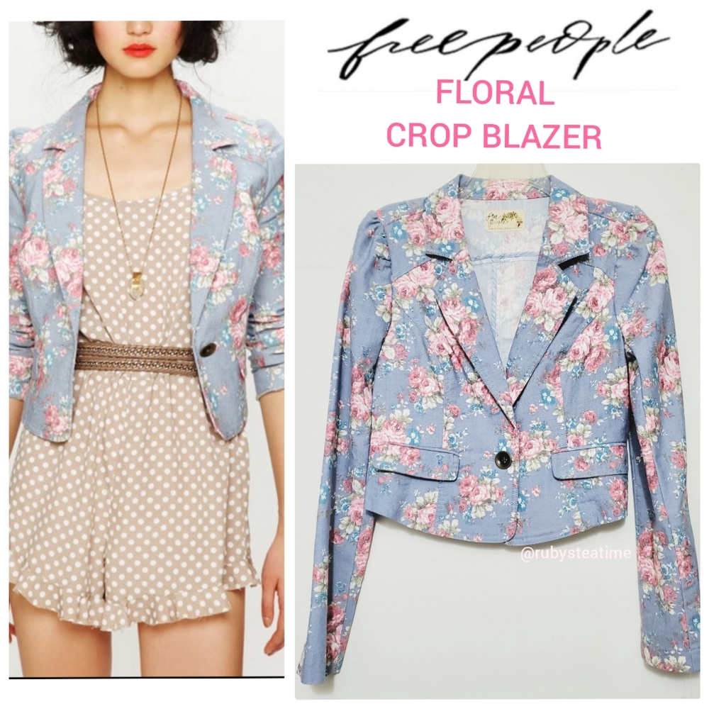 Free People Floral Crop Blazer - Blue and Pink